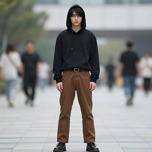 Photograph of an Asian male with black hoodie, brown pants, black shoes, standing in a blurred city plaza, hood up.
