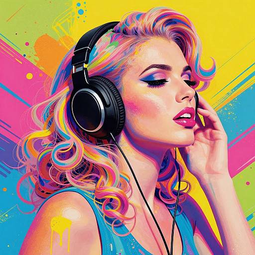 Vibrant digital artwork of a blonde woman with wavy hair, wearing large black headphones, blue top, and pink lipstick, against a colorful,