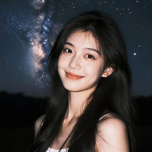 Photograph of an Asian woman with long black hair and a gentle smile, set against a starry night sky and Milky Way.