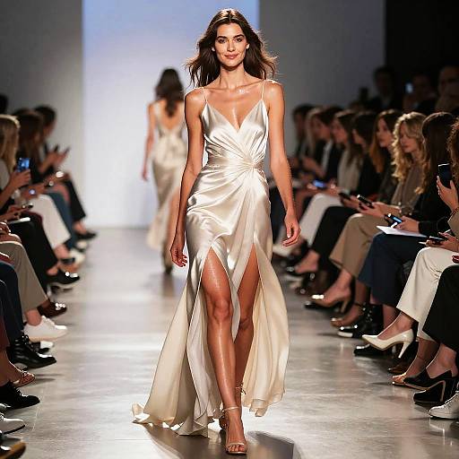 Photograph of a confident brunette model in a shimmering, white, sleeveless, high-slitted dress striding down a brightly lit runway, with