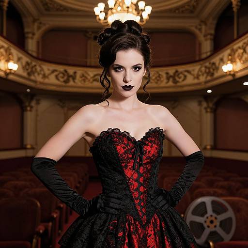 Photograph of a pale-skinned woman with dark, wavy hair, wearing a black and red lace corset dress, black gloves, and dramatic