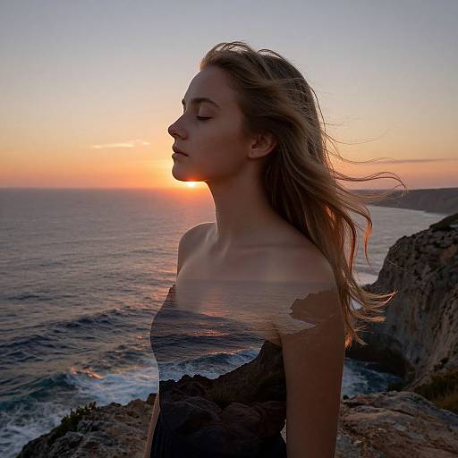Photograph of a blonde woman with closed eyes, wearing a strapless top, silhouetted against a vibrant sunset over the ocean. Her hair