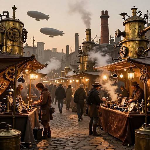Photograph of a steampunk market at sunset, with vendors selling antique brassware, steampunk airships in the sky, and people browsing