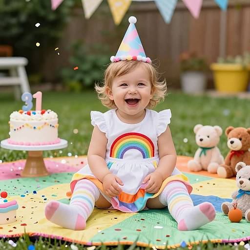 Photograph of a smiling toddler in a rainbow-themed outfit, birthday hat, and striped socks, sitting on a colorful outdoor blanket with a cake, ted
