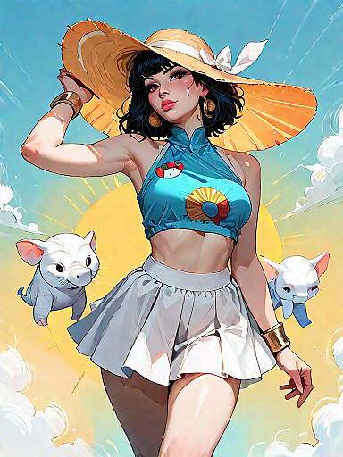 Stylish Woman in Summer Outfit with Floating Animals