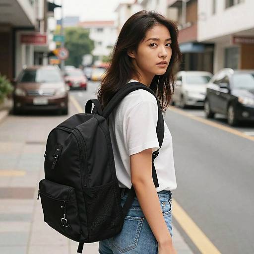 Young Woman with Backpack on City Street