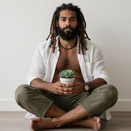 Bearded Dreadlocked Man Holding Succulent
