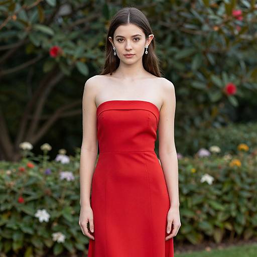 Photograph of a young woman with long dark hair, wearing a strapless red dress and earrings, standing in a garden with colorful flowers and lush green