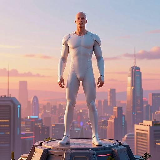 Ubermensch on Futuristic Cityscape Dawn
