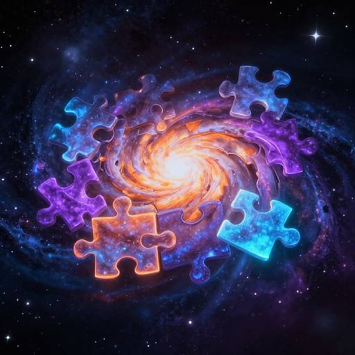 Digital artwork of a vibrant, glowing spiral galaxy composed of interlocking puzzle pieces in orange, purple, and blue against a starry black space background.
