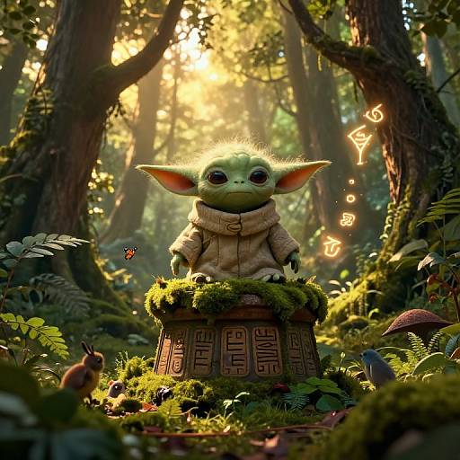 Digital artwork of a small, green, goblin-like creature with large ears, wearing a beige coat, standing on a moss-covered tree stump in a