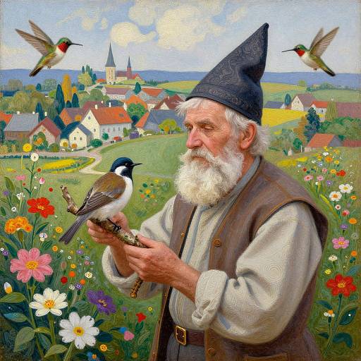 Photorealistic painting: elderly white man with white beard, black hat, gray vest, holding bird, surrounded by colorful flowers, village with church in