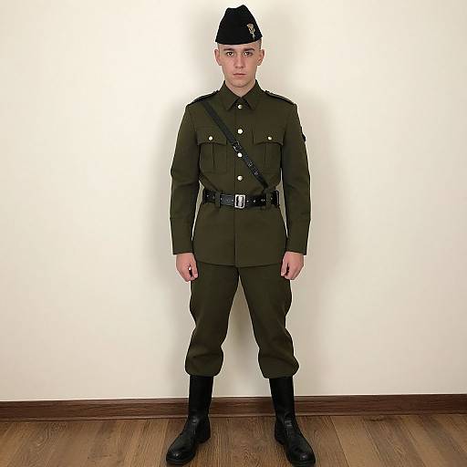 Photograph of a young Caucasian boy in a black military-style uniform with black hat, belt, and boots, standing against a plain white wall and wooden