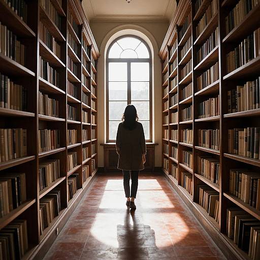 Photograph of a person in a dark coat walking down a sunlit library aisle, with tall bookshelves on both sides and a large arched