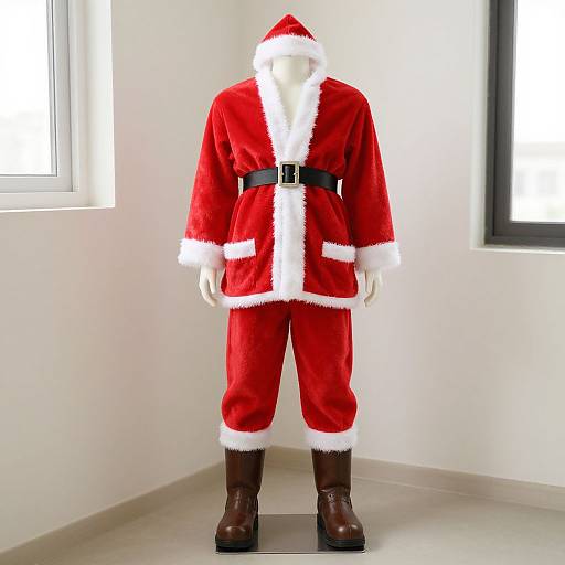 Photograph of a headless mannequin wearing a red Santa Claus outfit with white fur trim, black belt, and brown boots, standing in a