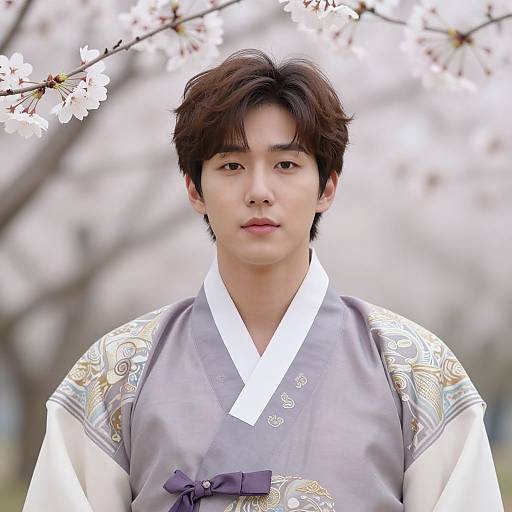 Photograph of a young East Asian man with short black hair, wearing a gray traditional Korean hanbok with intricate gold patterns, standing in front of