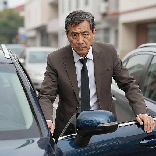 Serious Middle-Aged Man by Blue Car