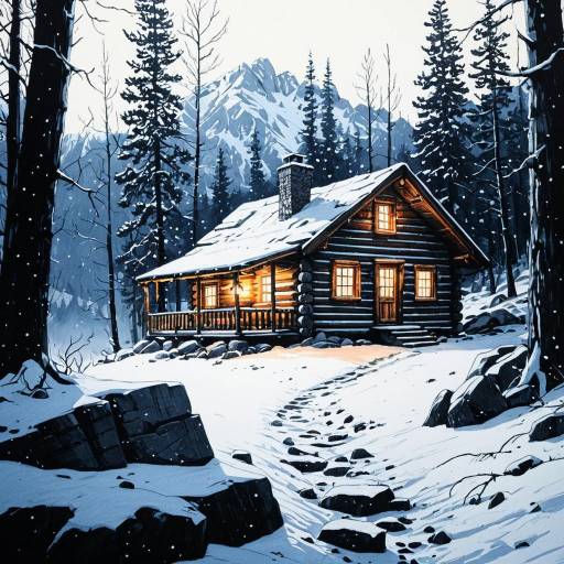Cozy Snowy Log Cabin in Winter Forest