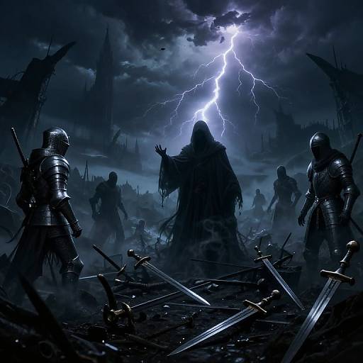 Dark fantasy battle scene: armored knights face a hooded figure under a lightning-filled, stormy sky with scattered swords on a muddy battlefield.