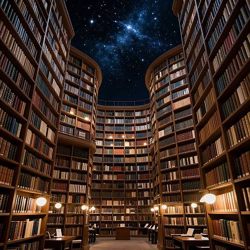 Photograph of a grand, circular library at night, filled with towering shelves of books, lit by warm lamps, with a starry sky visible through