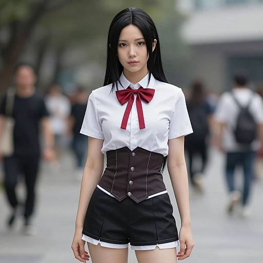 Photograph of an Asian woman with long black hair, wearing a white shirt with a red bow, brown corset, and black shorts, standing in