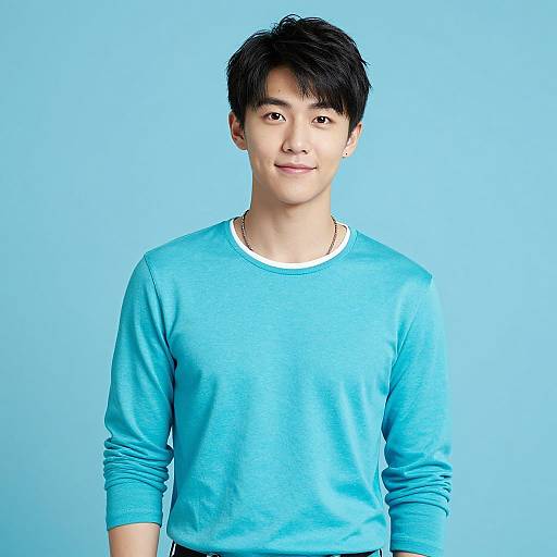Photograph of an Asian man with short black hair, light skin, wearing a bright blue long-sleeve shirt against a solid blue background. He
