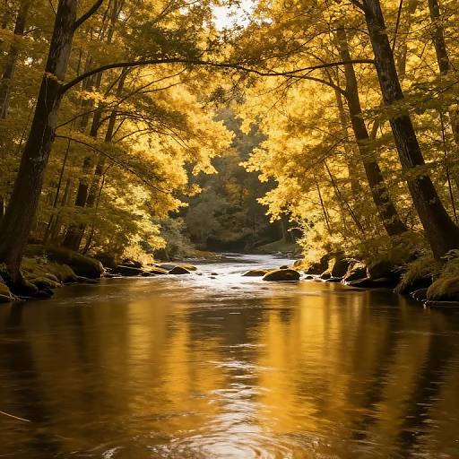 Photograph of a serene forest stream with golden autumn leaves reflected in the water, framed by tall trees under a bright sun.