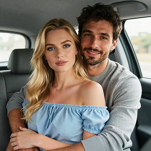 Photograph of a smiling couple in a car; blonde woman in blue off-shoulder top, dark-haired man in gray sweater, embracing.