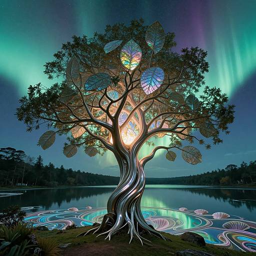 Digital artwork of a twisted tree with glowing, colorful butterfly leaves, standing in a reflective lake under vibrant aurora skies.