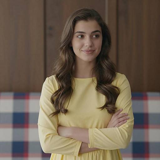 Photograph of a young woman with long, wavy brown hair, wearing a yellow long-sleeve dress, standing with arms crossed, smiling against