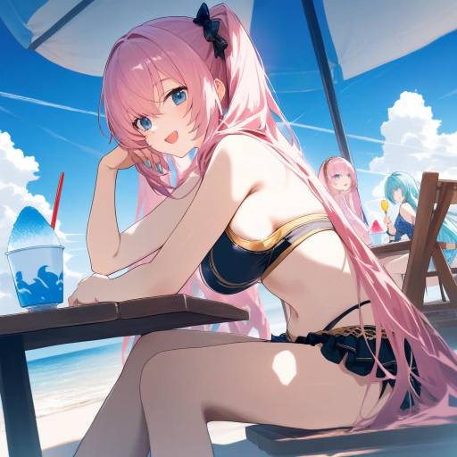 Anime Girl with Pink Hair in Bikini at Beach Cafe