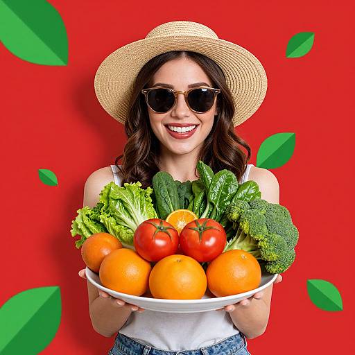 Smiling woman with brown hair, sunglasses, straw hat, white top, holding plate of tomatoes, oranges, leafy greens, broccoli, against bright