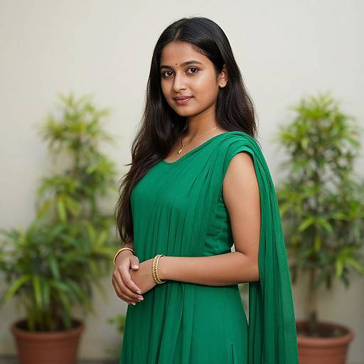 Photograph of a young Indian woman with long black hair, wearing a green saree, gold jewelry, standing in front of potted plants.