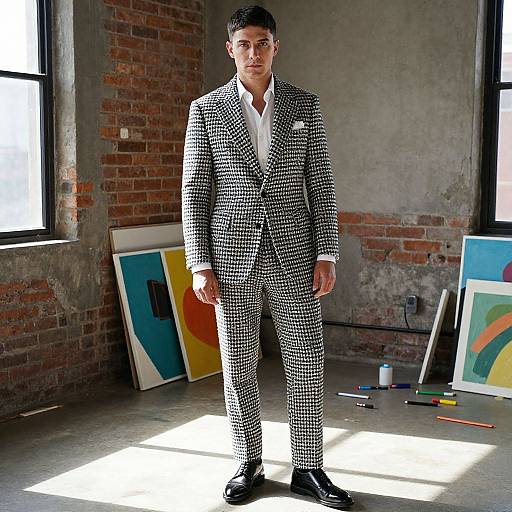 Photograph of a serious young man in a black-and-white houndstooth suit, standing in a sunlit, brick-walled art studio with