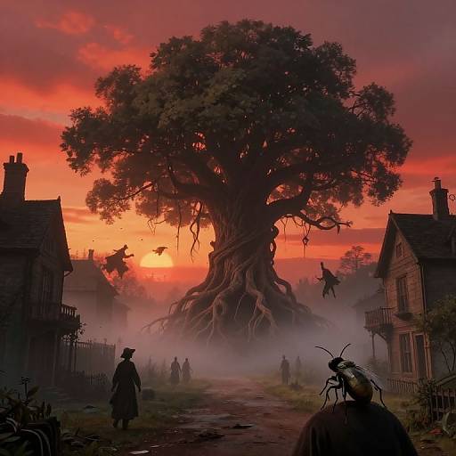 Digital fantasy artwork of a giant tree with twisted roots at sunset, surrounded by foggy village houses, silhouetted figures, and flying creatures.