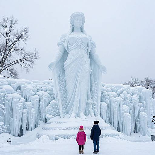 Photograph of two children in winter clothes standing before a massive, snow-covered statue of a robed, angelic figure, surrounded by ice formations.