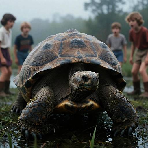 Giant Tortoise in Swamp with Frightened Children