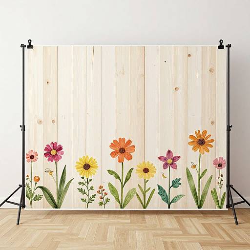 Photograph of a light wooden sliding door panel with vibrant, hand-painted flowers in various colors and green leaves, mounted on black metal stands, set