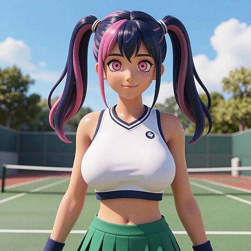 Digital anime-style drawing of a young woman with large pink eyes, black and pink twin-tails, wearing a white sports top and green skirt, standing
