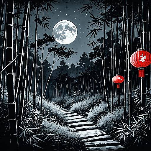 Tranquil Bamboo Forest with Moonlight and Lanterns