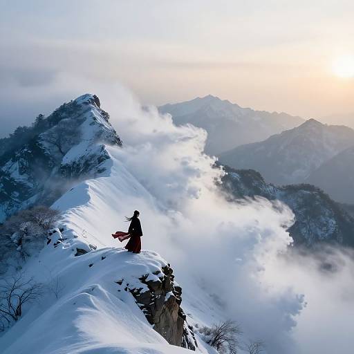 Photograph of a lone figure in dark winter clothing standing on a snow-covered mountain peak, overlooking misty, sunlit mountain ranges.