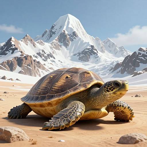 CGI image of a detailed, realistic tortoise with textured shell in a sandy desert, with snow-capped mountains and clear blue sky in the background