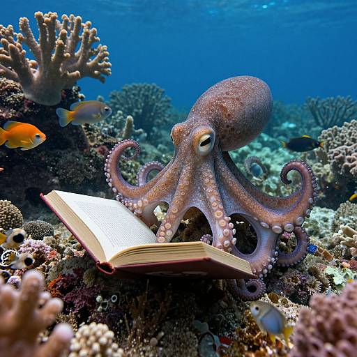 Photograph of an octopus reading an open book underwater, surrounded by colorful coral and small fish, in a vibrant ocean scene.
