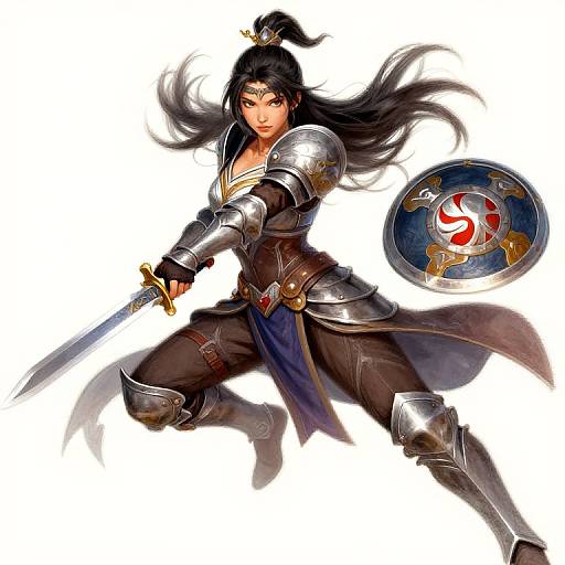 Digital drawing of a fierce, dark-haired warrior woman in silver armor, holding a sword and round shield, with flowing hair and determined expression. White background