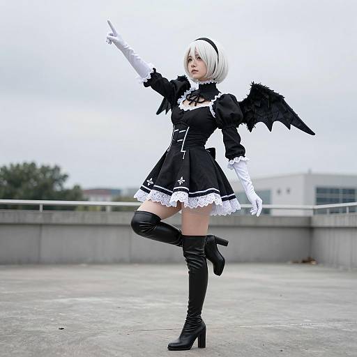 Cosplayer in Black Dress with Wings Pointing Upward