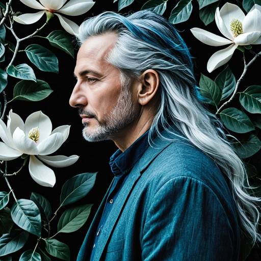 Profile of Middle-Aged Man with Silver Blue Hair and Magnolia Blossoms