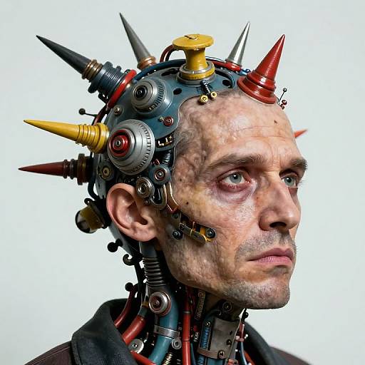Photograph of a bald, Caucasian man with a cybernetic head featuring mechanical horns, gears, and wires, gazing intently. White background