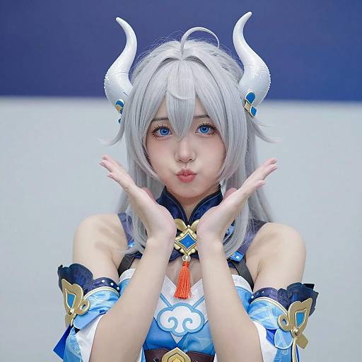 Anime Cosplay with Silver Hair and Horns