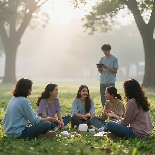 Photograph of five diverse young adults, three women and two men, sitting in a sunlit park, chatting and eating snacks, with one man standing