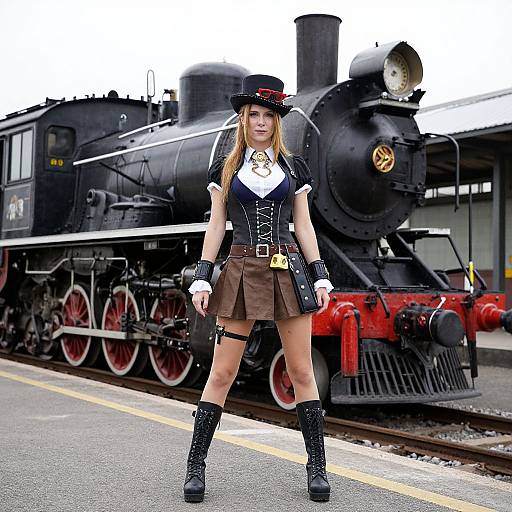 Photograph of a blonde woman in a steampunk outfit with black hat, brown skirt, and boots, standing on a train platform in front of